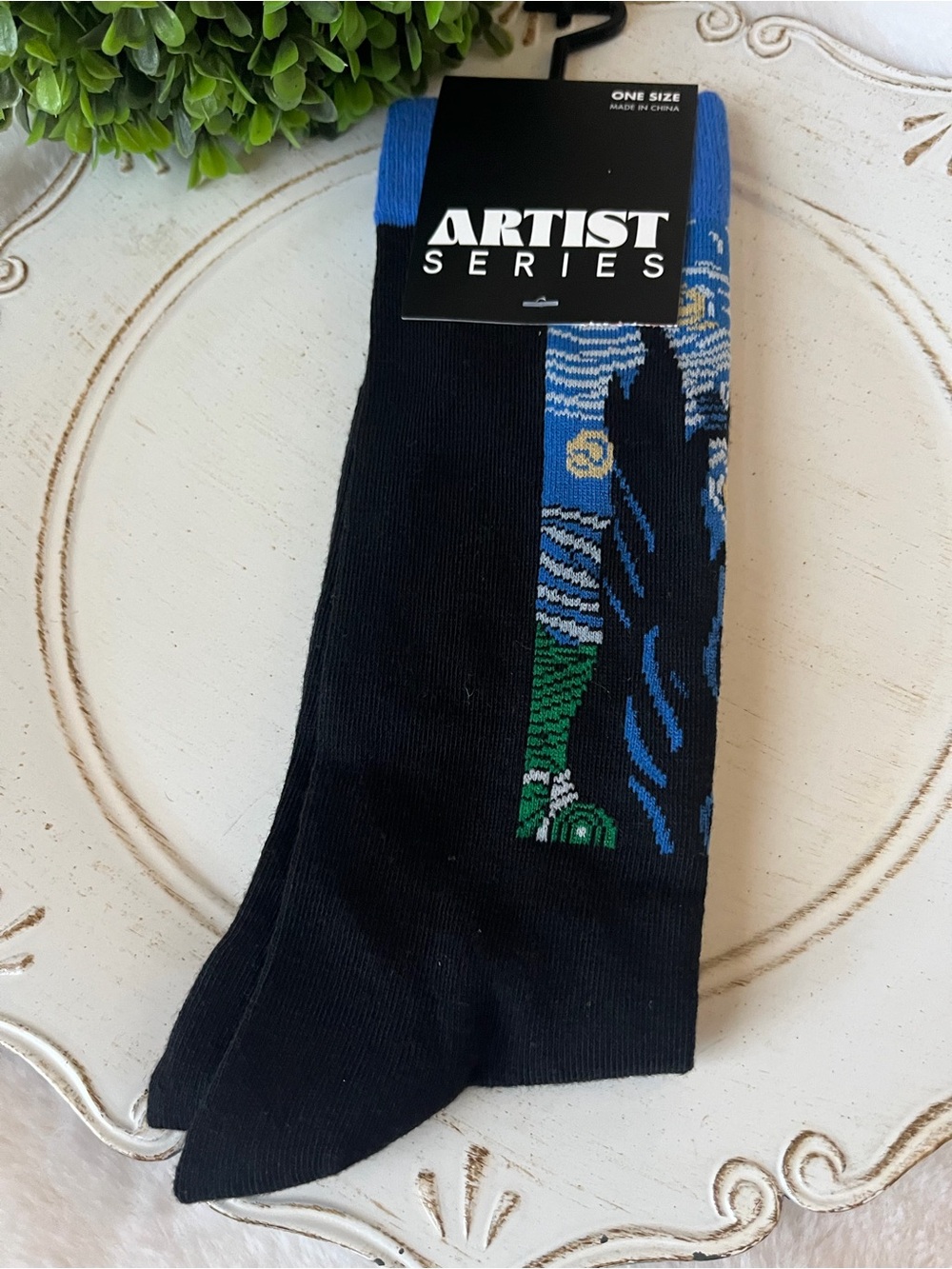 Men's Black Crew Socks with Blue Accents